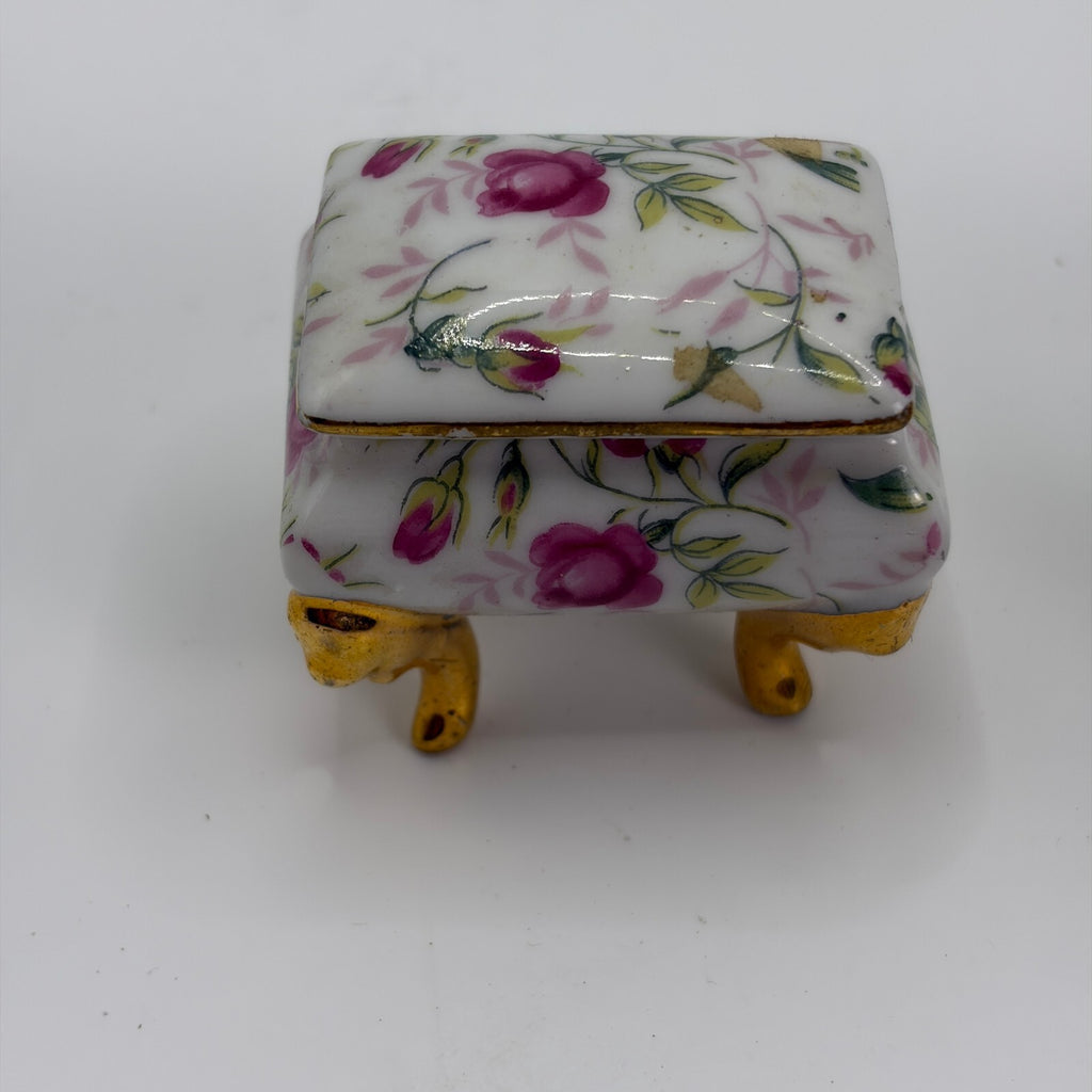 Pair Vintage Porcelain Rose Chintz Footed Trinket Boxes #1239 Gold Trim