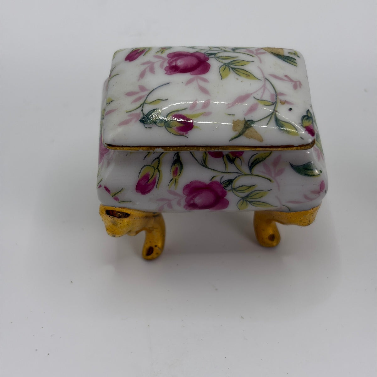 Pair Vintage Porcelain Rose Chintz Footed Trinket Boxes #1239 Gold Trim