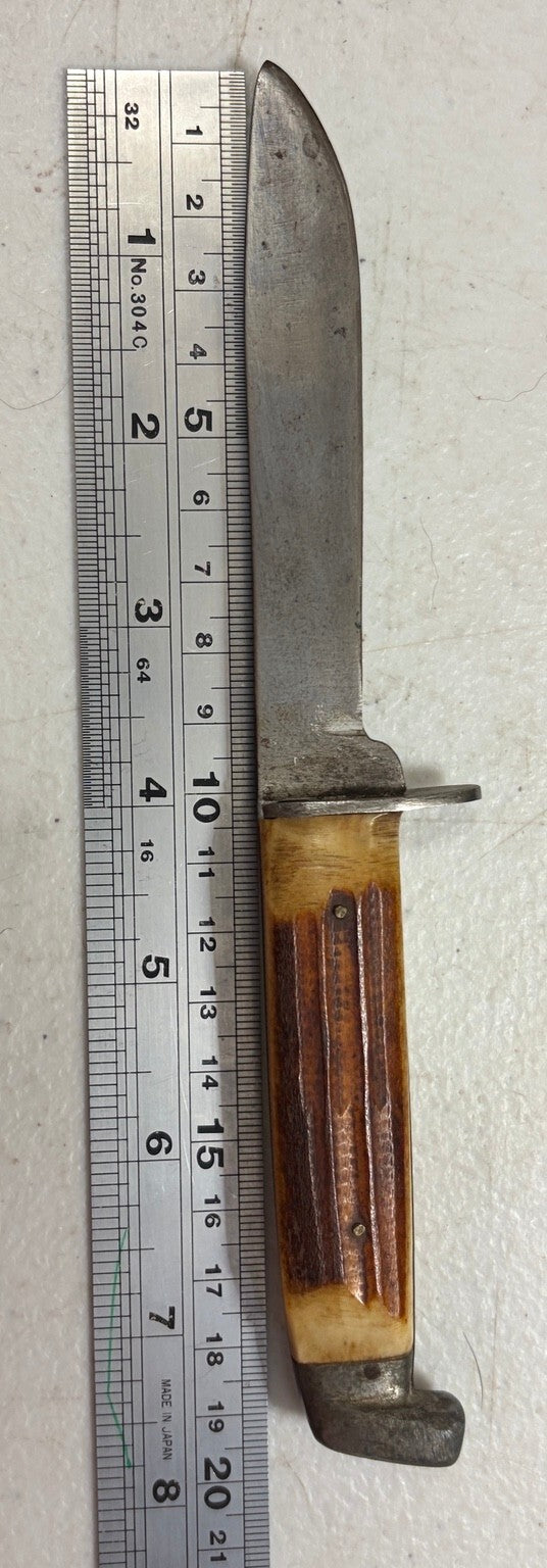 Vintage 4" Bird & Trout Hunting Knife Amber Handle Tooled Leather Sheath