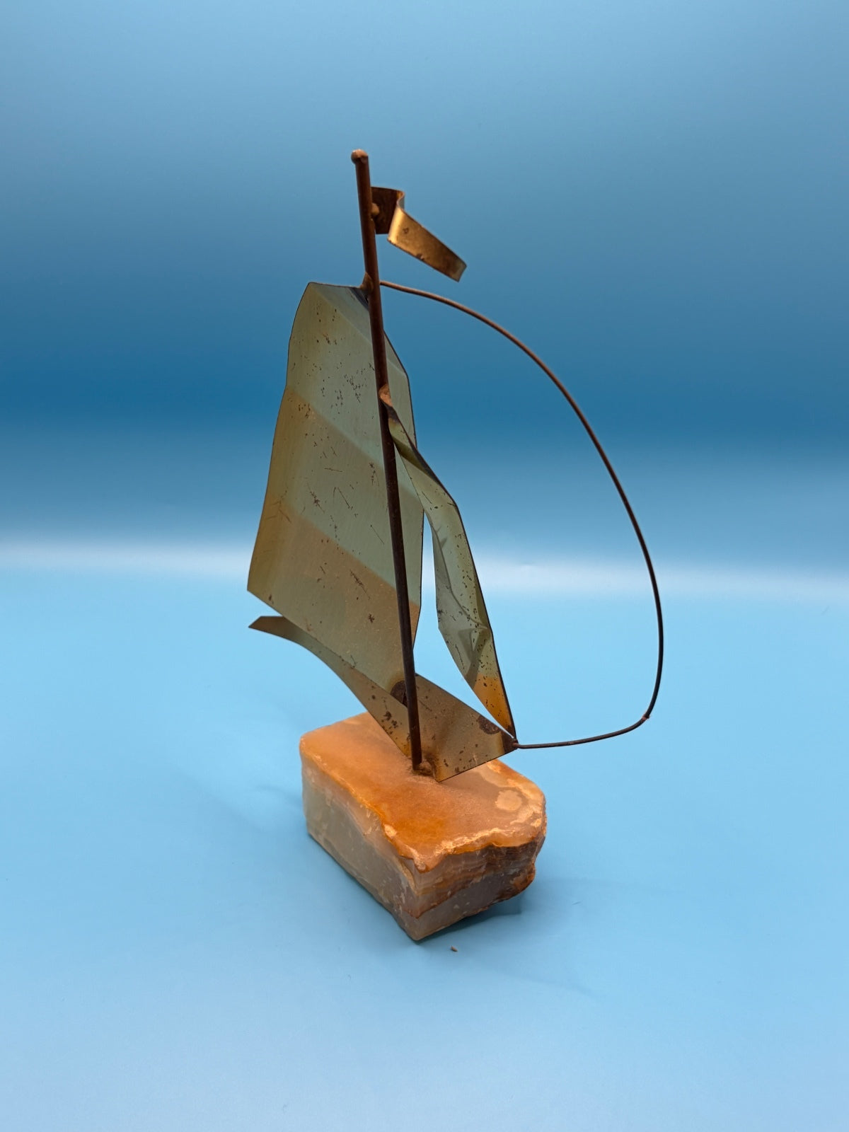 Vintage MCM Mario Jason Signed Brass Sailboat Sculpture – Onyx Base