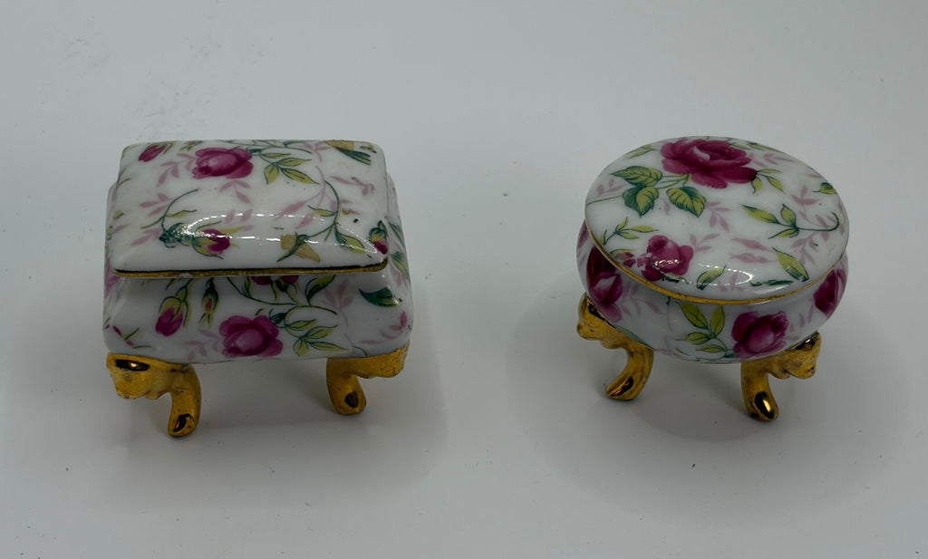 Pair Vintage Porcelain Rose Chintz Footed Trinket Boxes #1239 Gold Trim