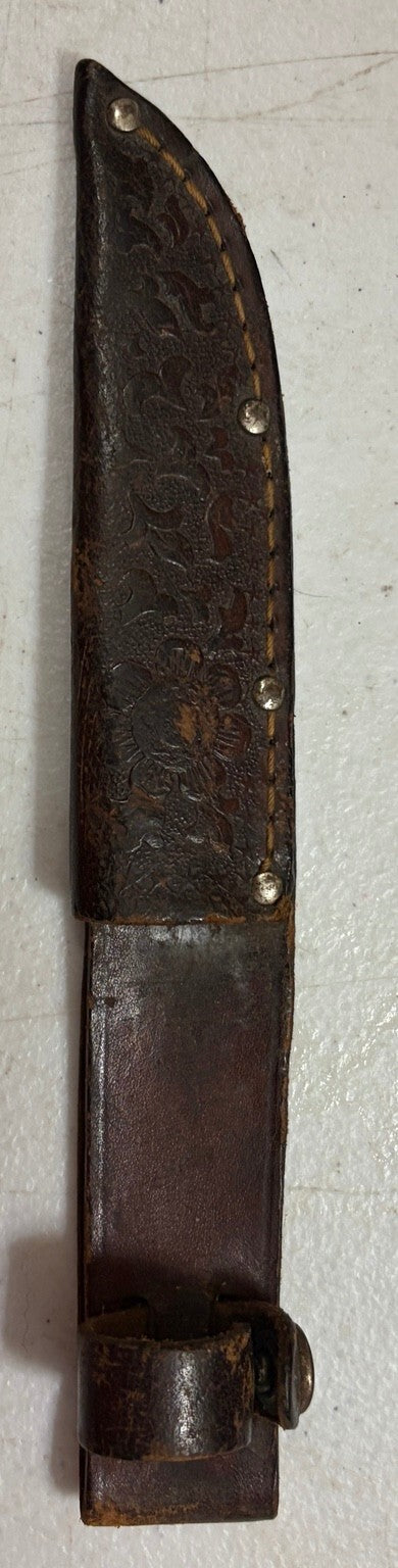 Vintage 4" Bird & Trout Hunting Knife Amber Handle Tooled Leather Sheath