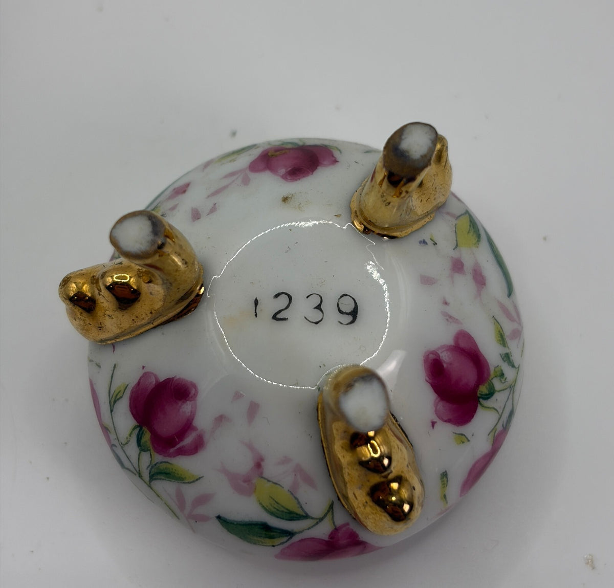Pair Vintage Porcelain Rose Chintz Footed Trinket Boxes #1239 Gold Trim
