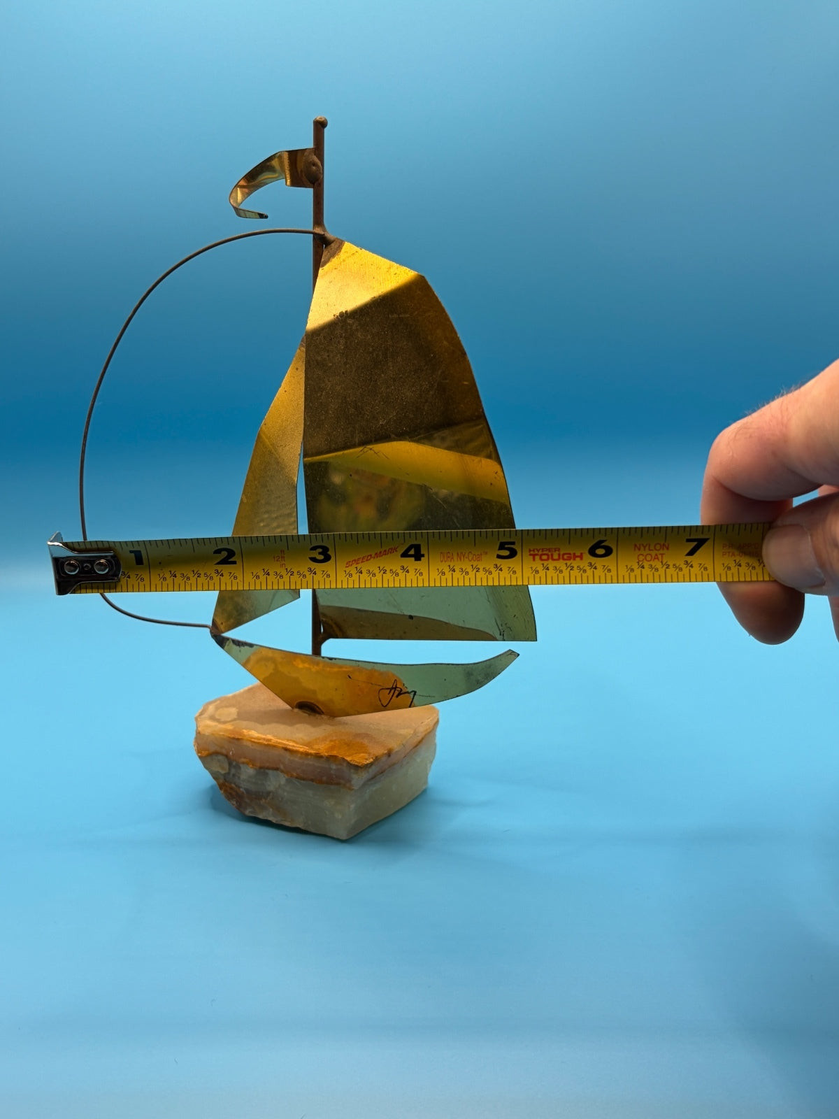 Vintage MCM Mario Jason Signed Brass Sailboat Sculpture – Onyx Base
