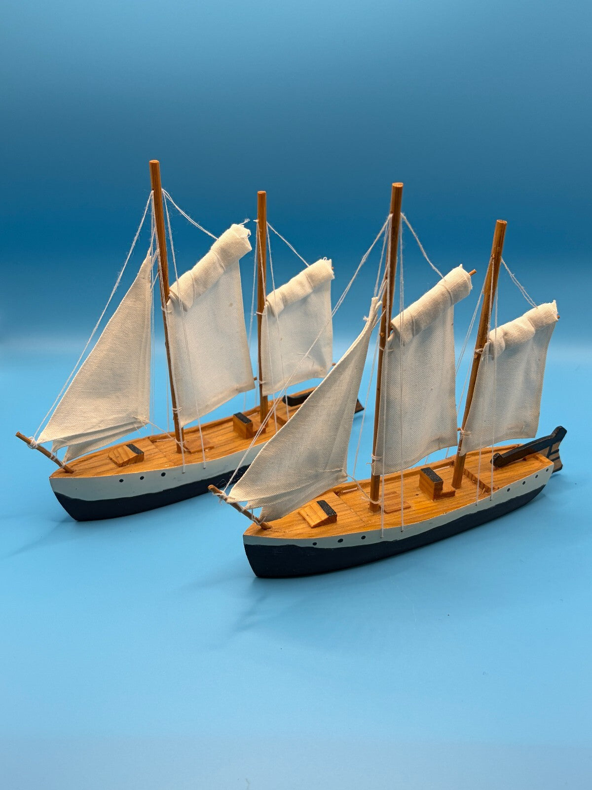 Pair Vintage Wooden 3-Mast Model Sailboats Cloth Sails Nautical Decor