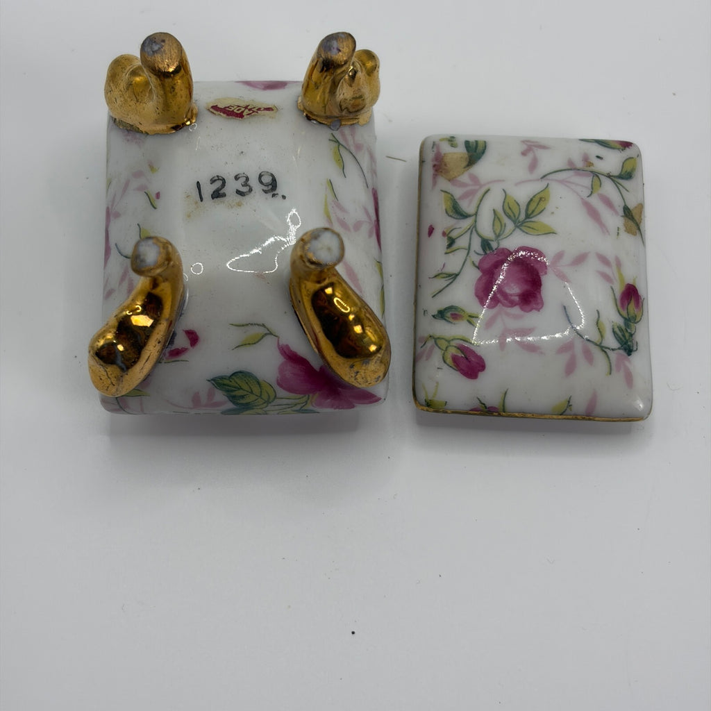 Pair Vintage Porcelain Rose Chintz Footed Trinket Boxes #1239 Gold Trim