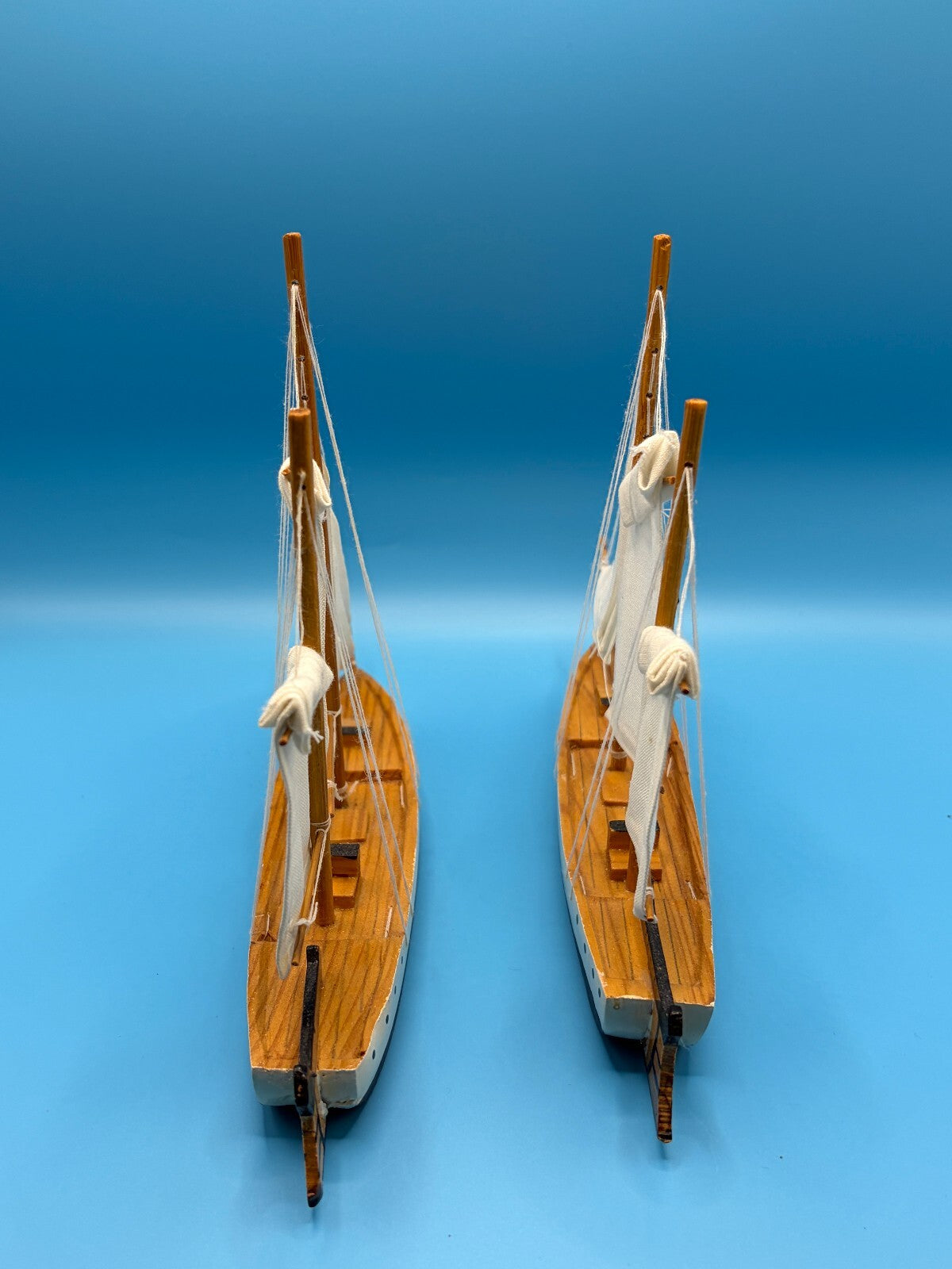 Pair Vintage Wooden 3-Mast Model Sailboats Cloth Sails Nautical Decor