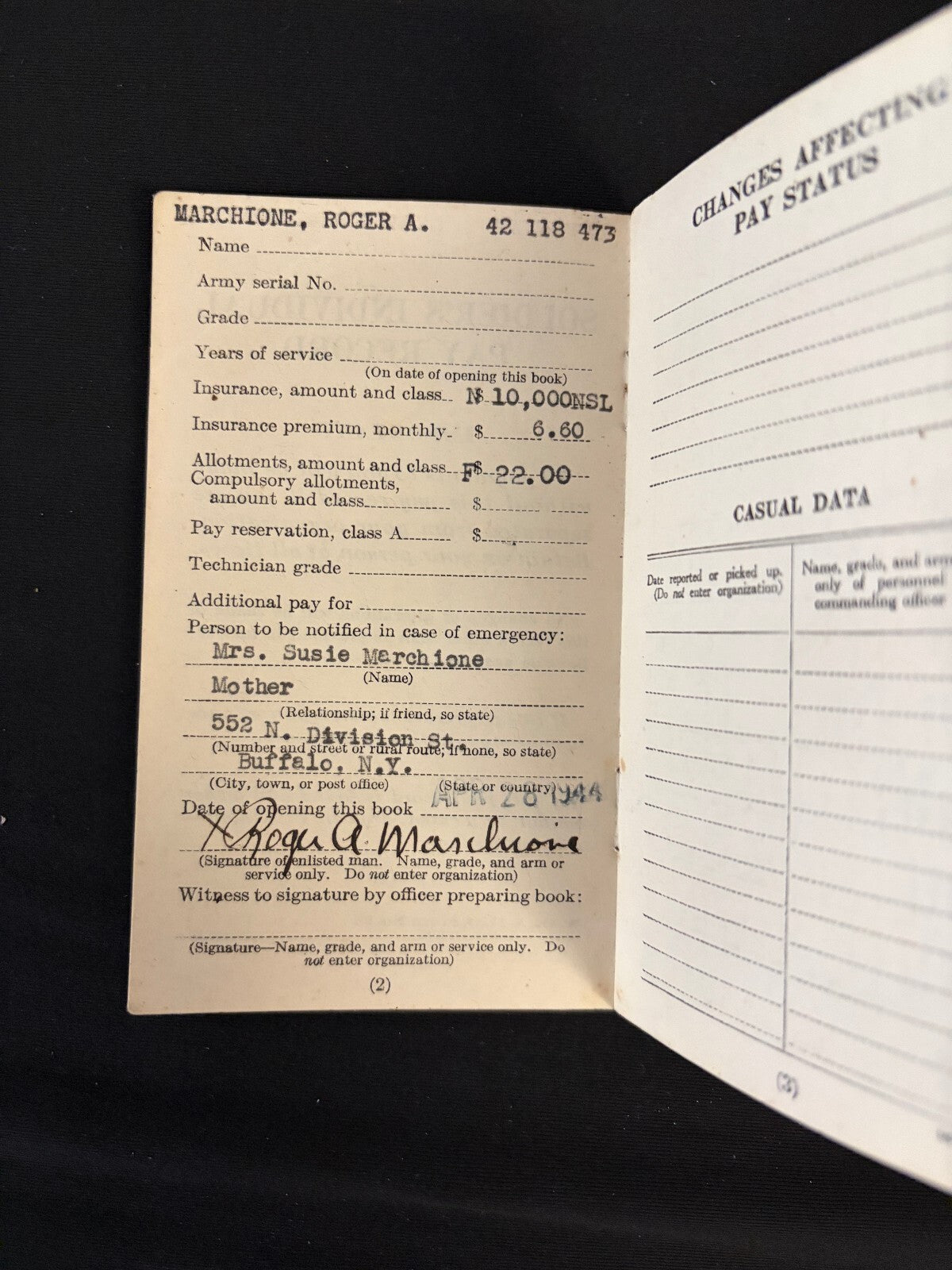 WWII 1942 US Army Soldier Pay Record Roger Marchione ASN 42118473 Original