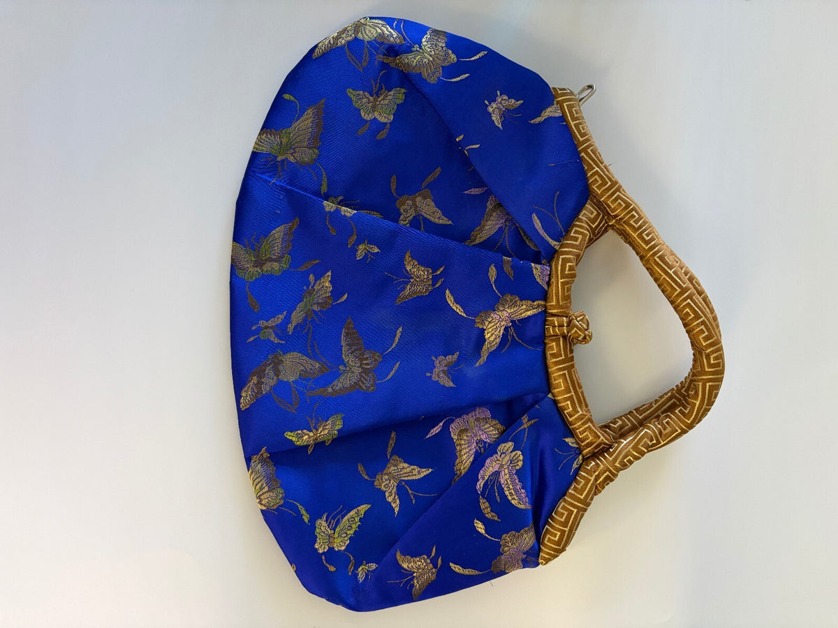 Vintage Cobalt Blue Silk Brocade Butterfly Evening Handbag - Gold Greek Key Handle