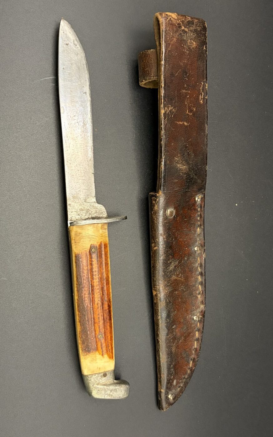 Vintage 4" Bird & Trout Hunting Knife Amber Handle Tooled Leather Sheath