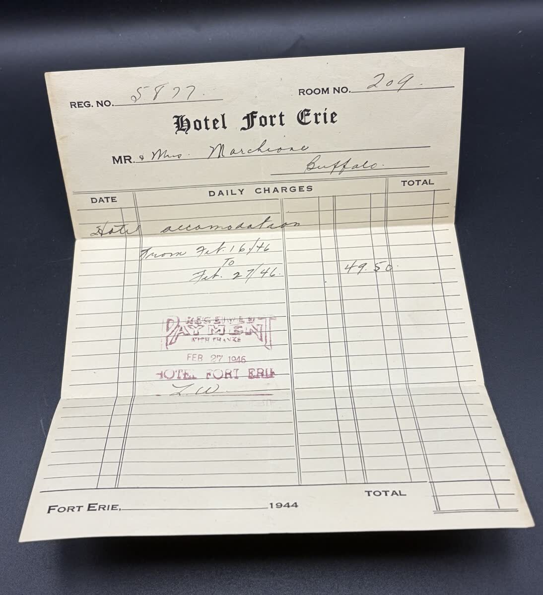 1946 WWII Soldier Roger Marchione Hotel Fort Erie Ontario Receipt Buffalo NY