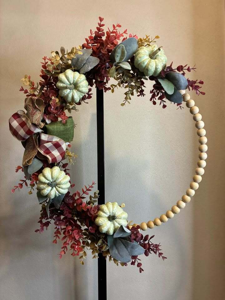 Handmade Fall Pumpkin Wooden Bead Hoop Wreath – Rustic Autumn Decor – Farmhouse