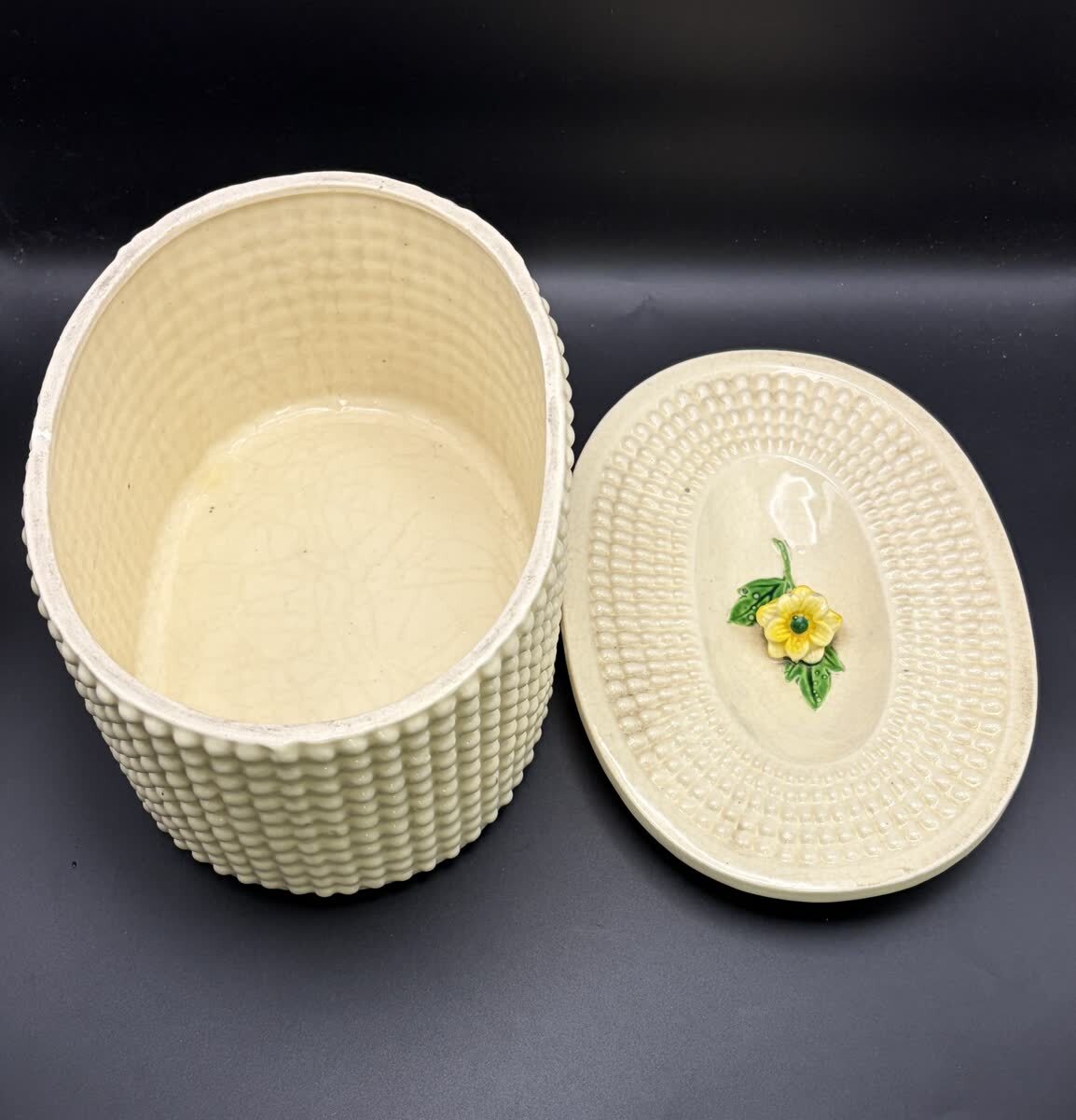 Vintage Maruhon Ware Japan Hobnail Covered Bowl Yellow Flower Pat 63207