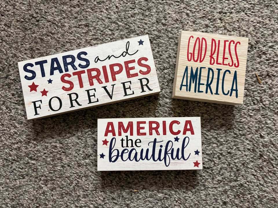 Patriotic Tiered Tray Decor Set – USA Wood Block Signs – 3 Piece Bundle
