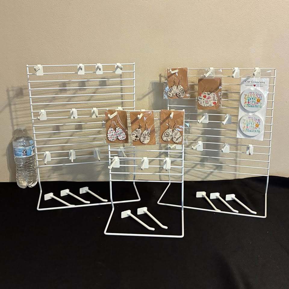 White Grid Jewelry Display Stands w/ Peg Hooks – 3 Piece Set (2 Medium + 1 Small)