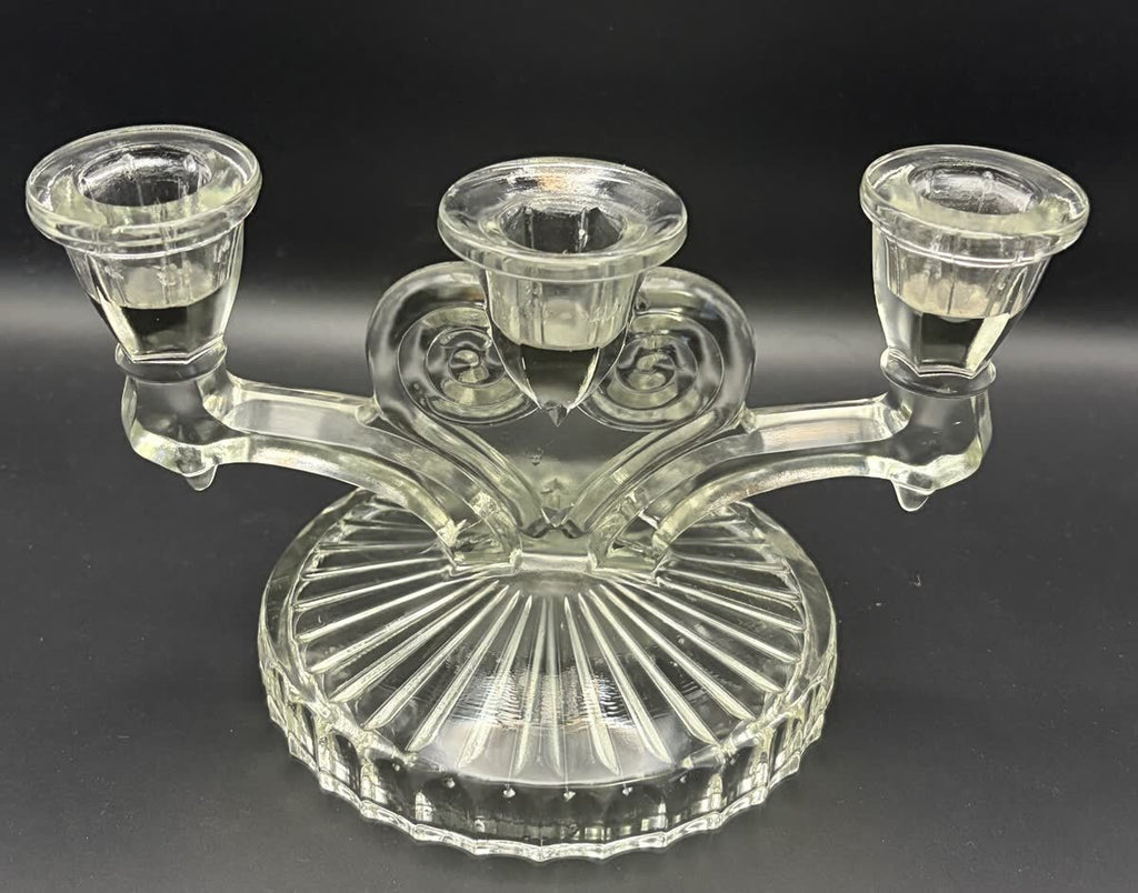 Vintage Jeannette Glass Cosmos Clear 3-Light Candelabra Pair MCM