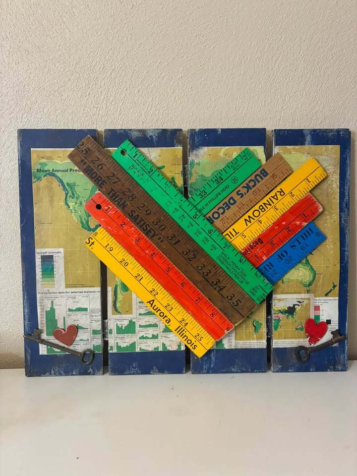 Handmade Vintage Ruler Heart Wall Art – Rustic Map Decor – Statement Piece