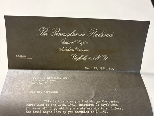 1954 Pennsylvania Railroad PRR Employee Injury Lost Wages Letter Buffalo NY