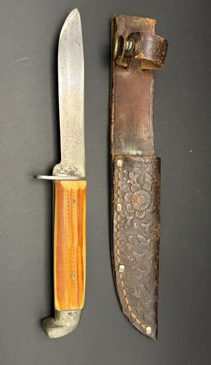 Vintage 4" Bird & Trout Hunting Knife Amber Handle Tooled Leather Sheath