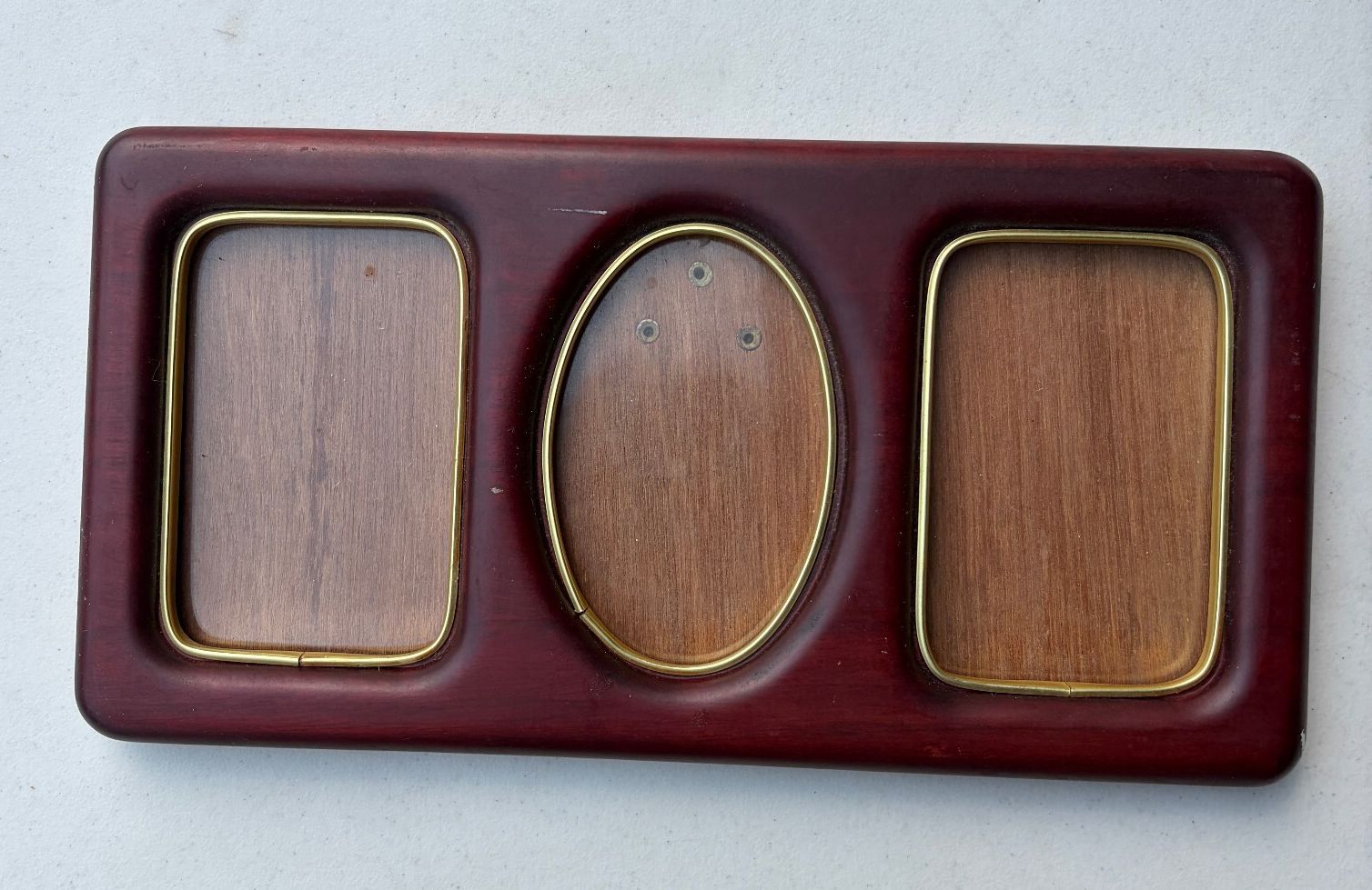 Wooden Triple Photo Frame Three Opening Burgundy Brass Tone