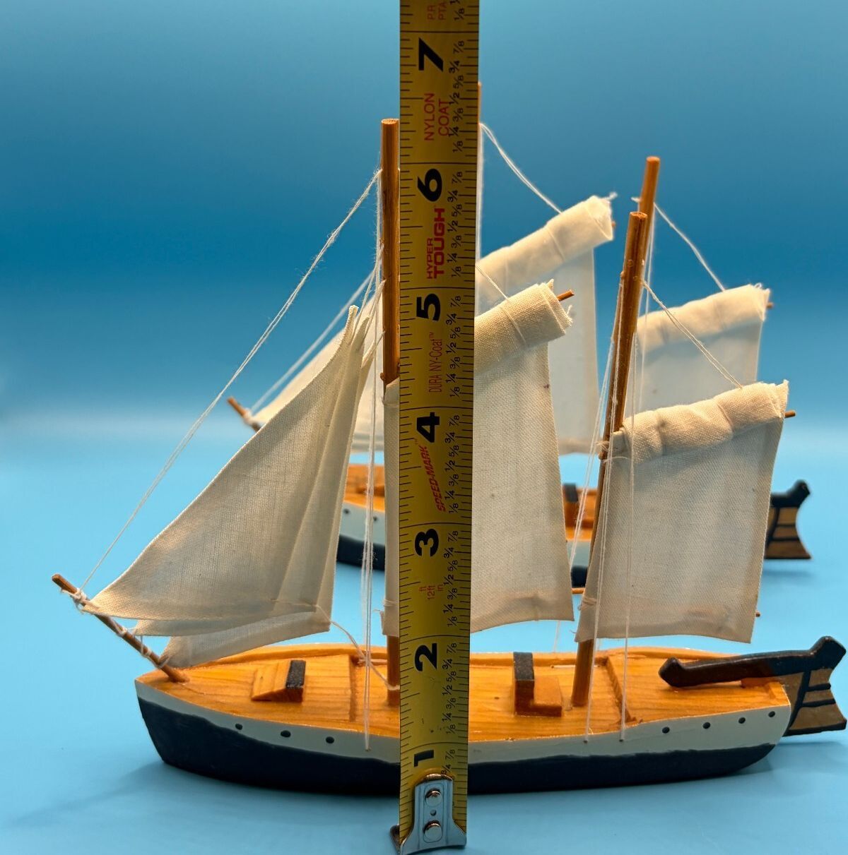 Pair Vintage Wooden 3-Mast Model Sailboats Cloth Sails Nautical Decor