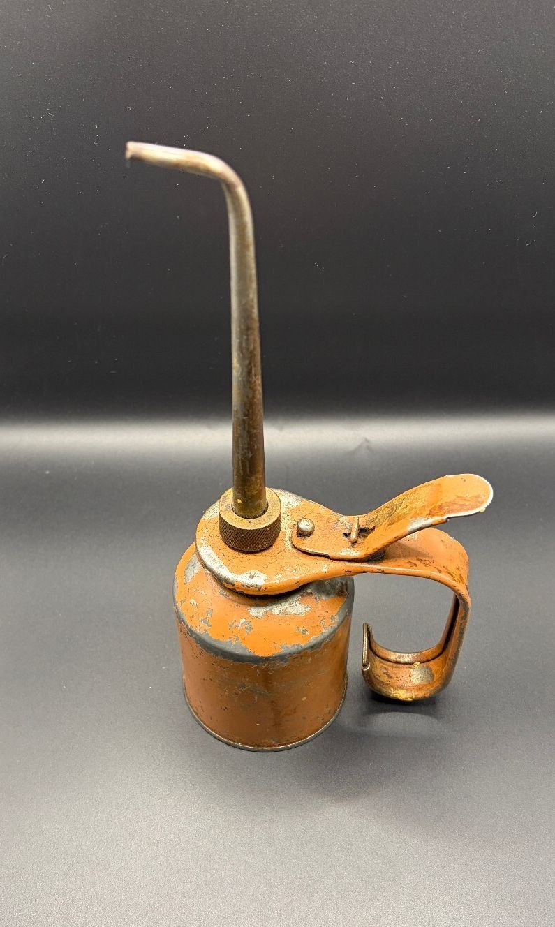 Vintage Thumb-Pump Metal Oil Can Long Spout Orange Copper-Tone Oiler