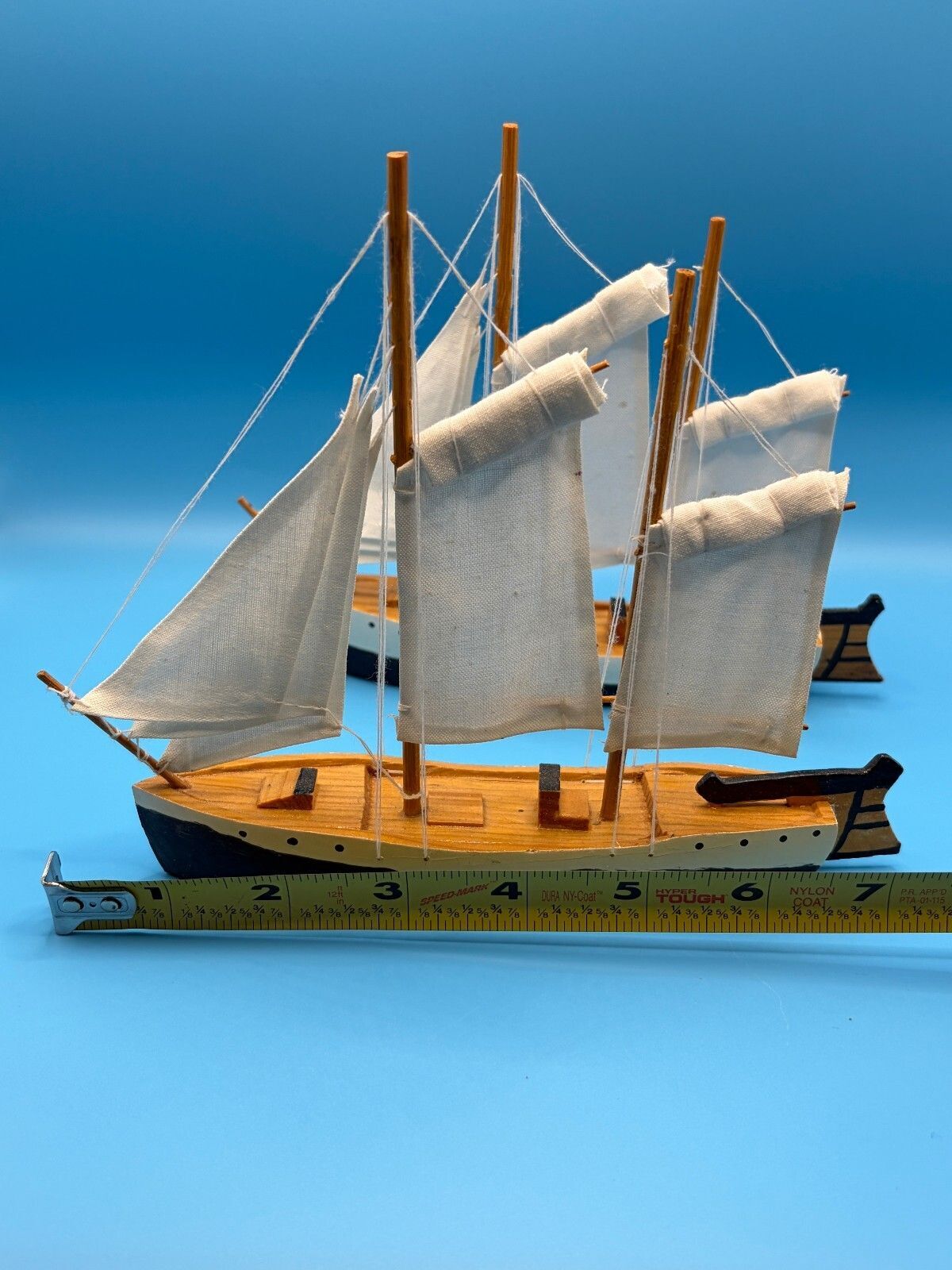 Pair Vintage Wooden 3-Mast Model Sailboats Cloth Sails Nautical Decor