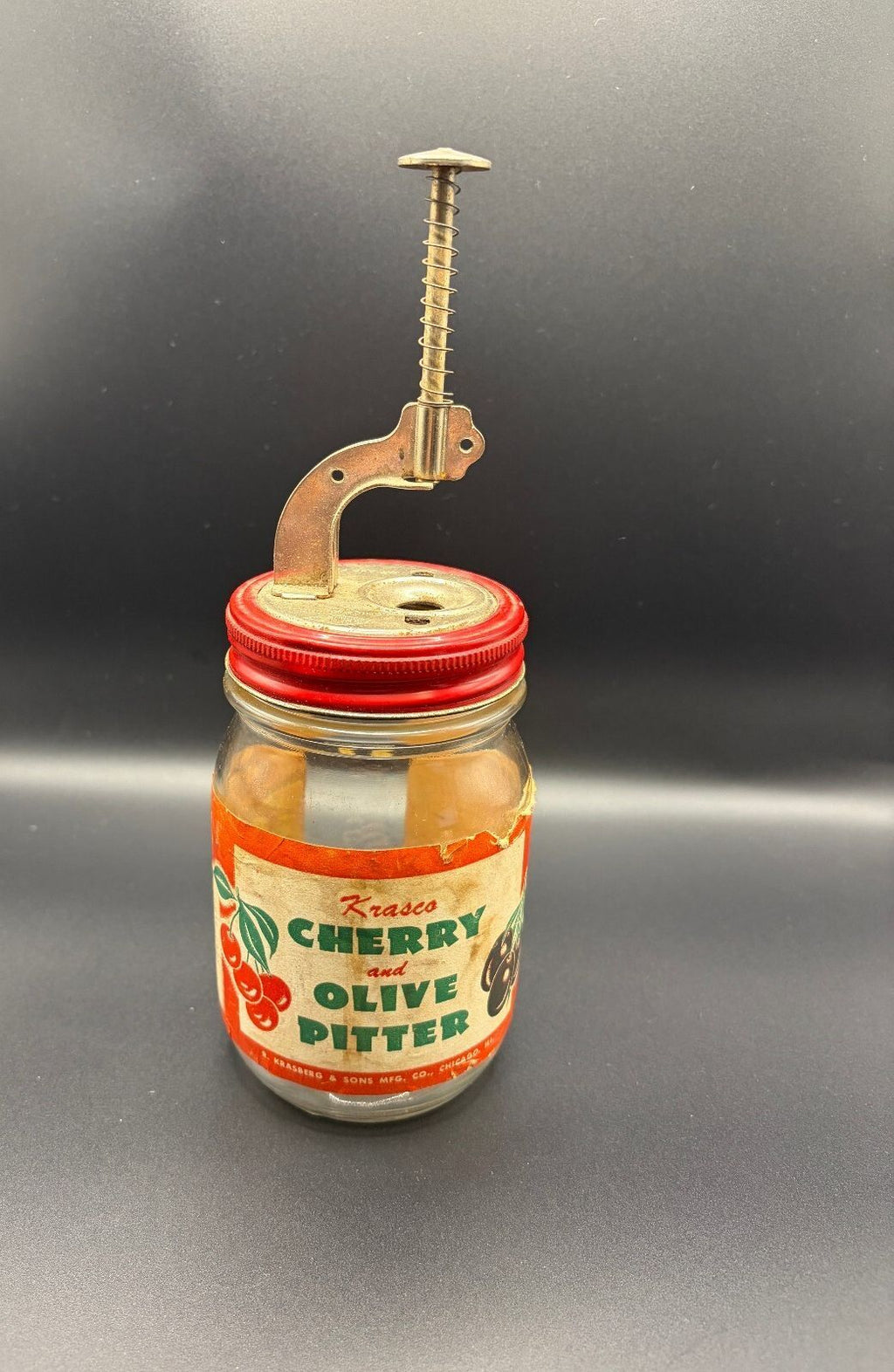 Vintage Krasco Cherry Olive Pitter Glass Jar Kitchen Tool