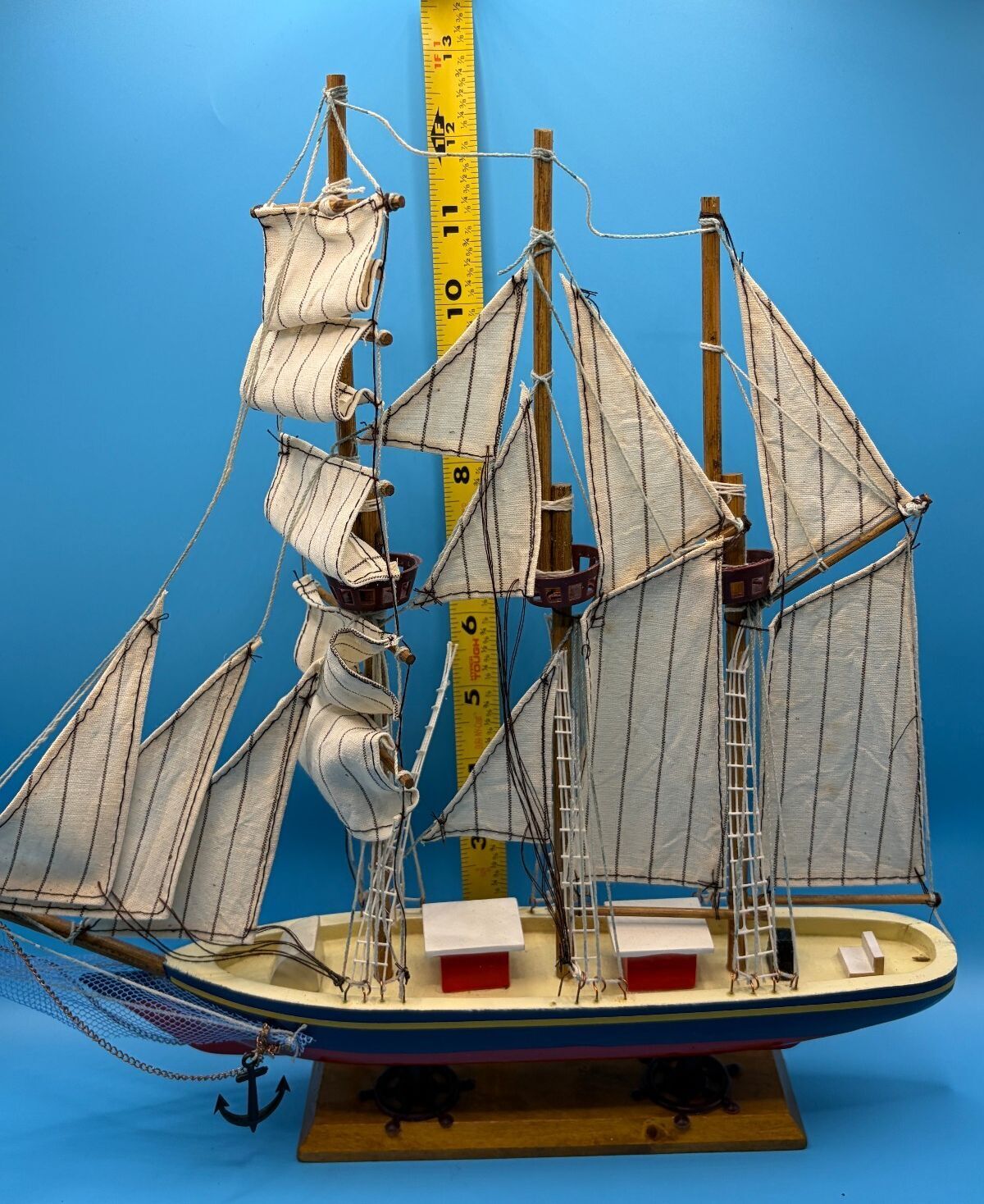 Vintage 14” Wooden 3-Mast Tall Ship Model - Detailed Nautical Decor
