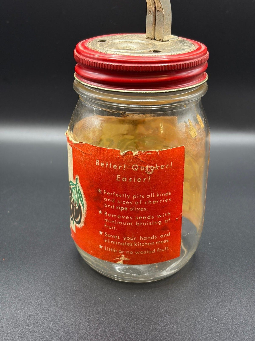 Vintage Krasco Cherry Olive Pitter Glass Jar Kitchen Tool