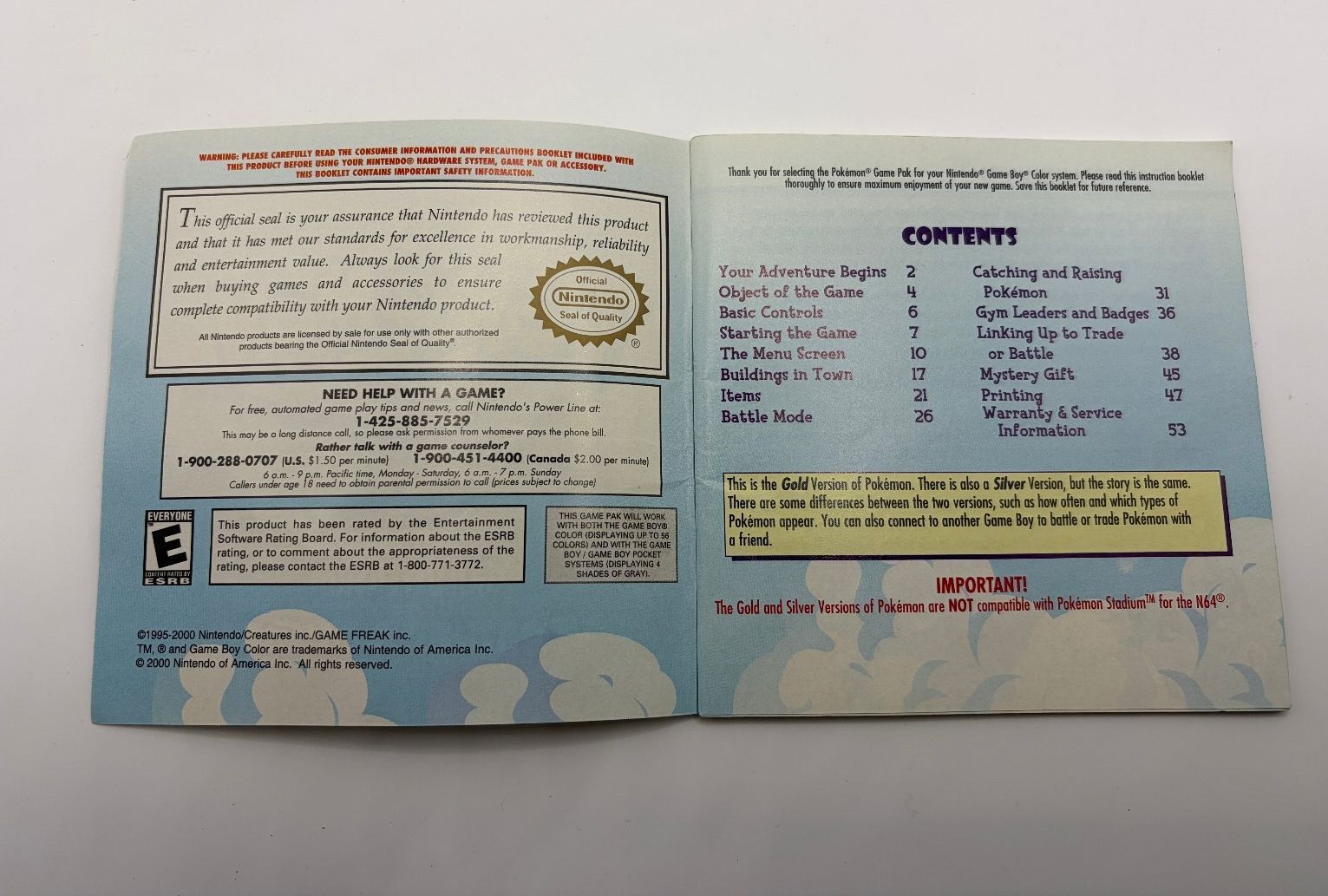 Pokemon Gold Version Trainer's Guide Manual Nintendo Game Boy Color 2000