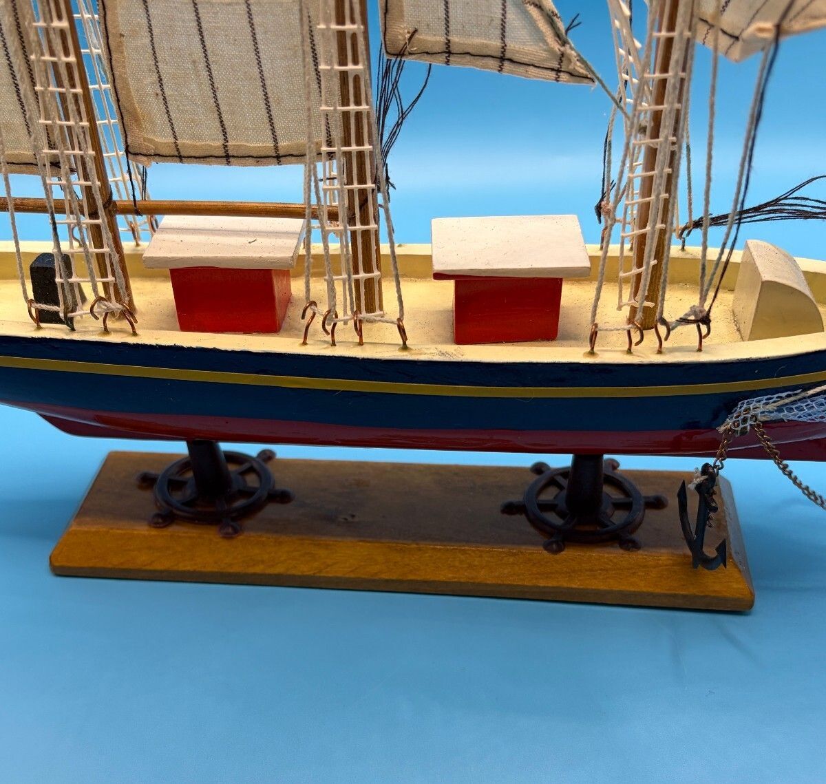 Vintage 14” Wooden 3-Mast Tall Ship Model - Detailed Nautical Decor