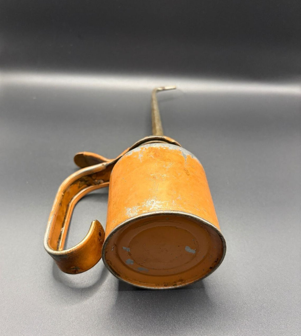 Vintage Thumb-Pump Metal Oil Can Long Spout Orange Copper-Tone Oiler
