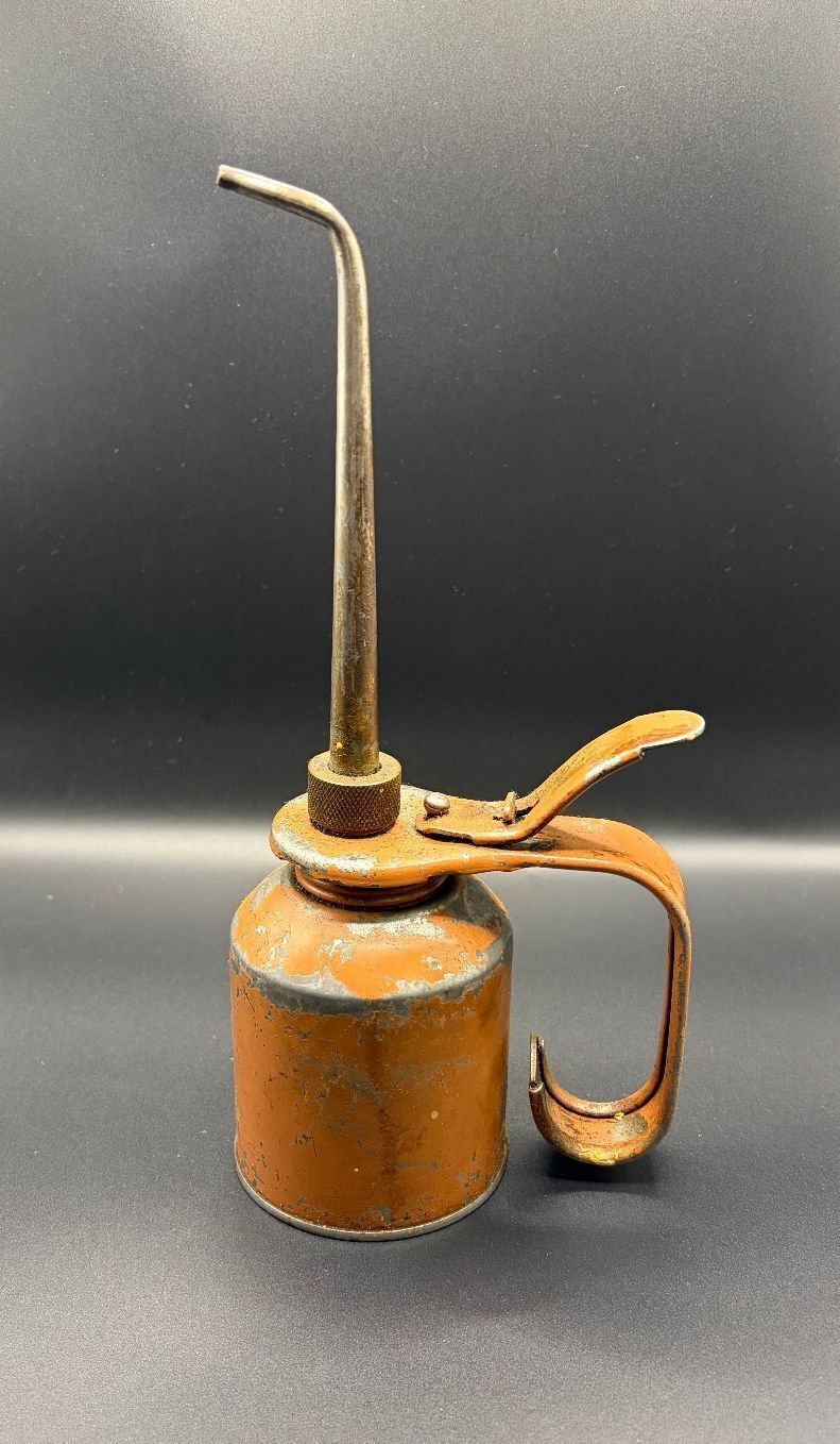 Vintage Thumb-Pump Metal Oil Can Long Spout Orange Copper-Tone Oiler