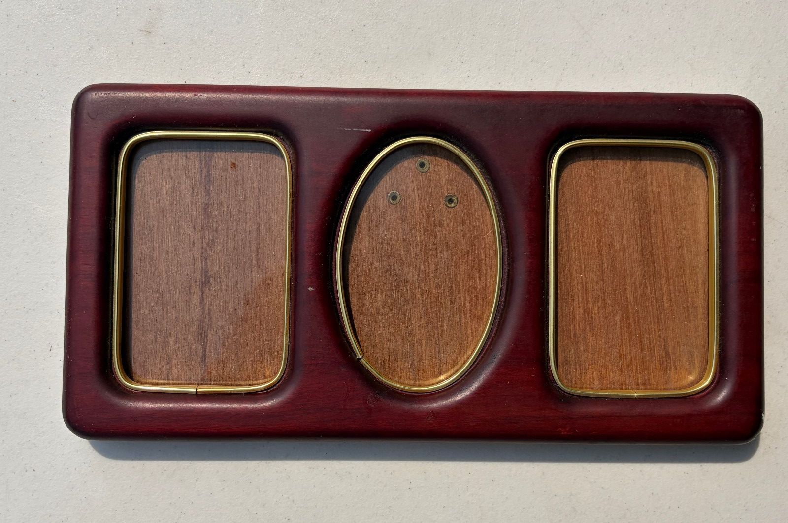 Wooden Triple Photo Frame Three Opening Burgundy Brass Tone