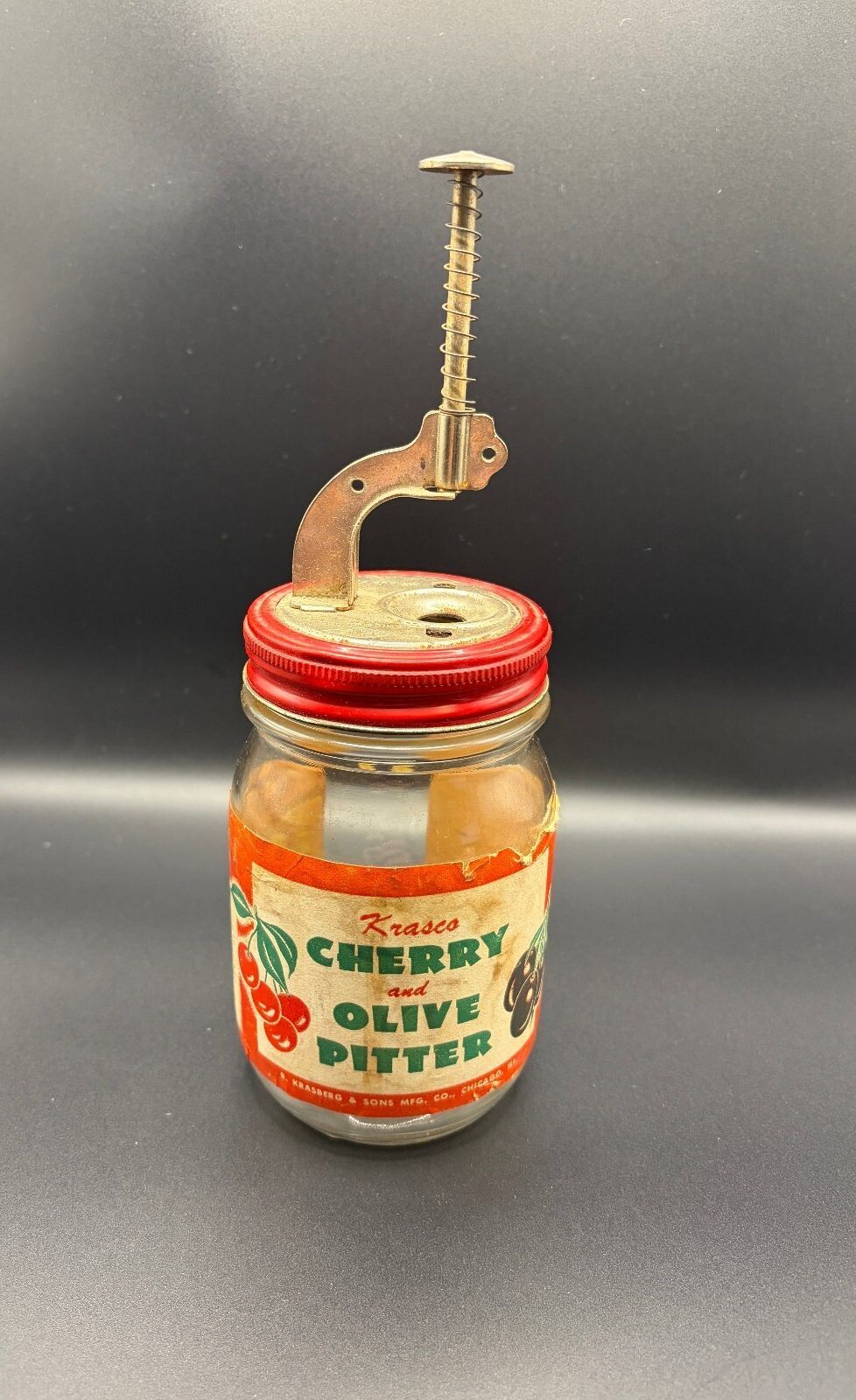 Vintage Krasco Cherry Olive Pitter Glass Jar Kitchen Tool