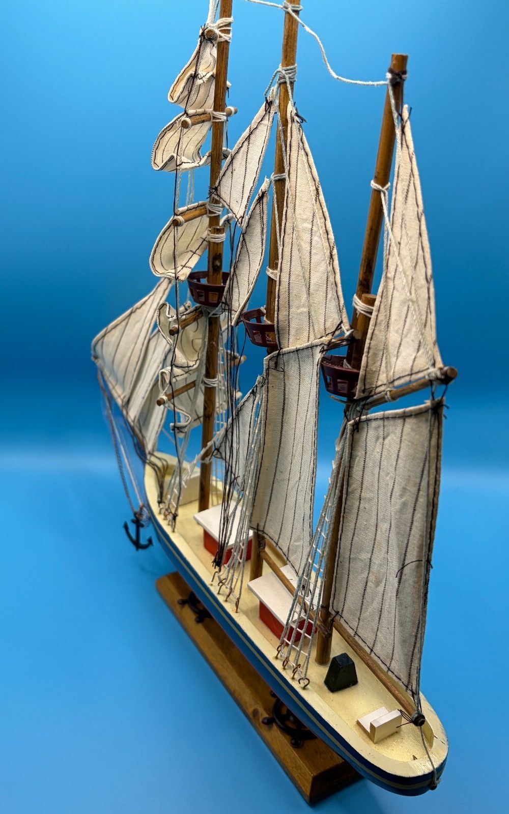 Vintage 14” Wooden 3-Mast Tall Ship Model - Detailed Nautical Decor