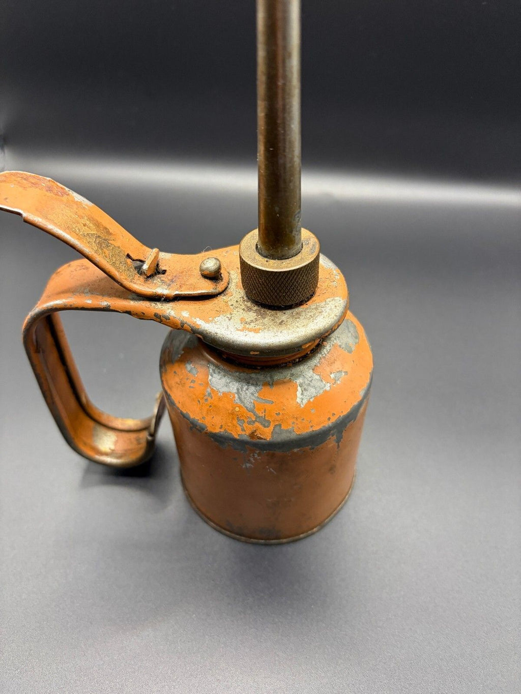 Vintage Thumb-Pump Metal Oil Can Long Spout Orange Copper-Tone Oiler